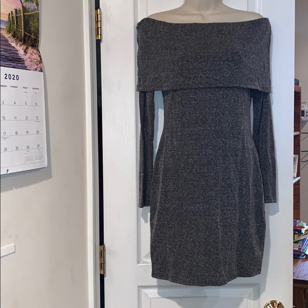 Gray ribbed off the shoulder long sleeve dress